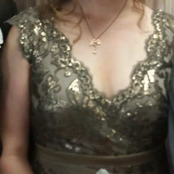 RARE Tadashi Shoji Olive Gray Antique Gold Sequin Floral Dress - worn 1* cleaned - Picture 2 of 3